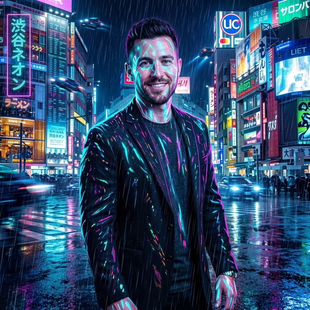 Example post: neon city influencer portrait