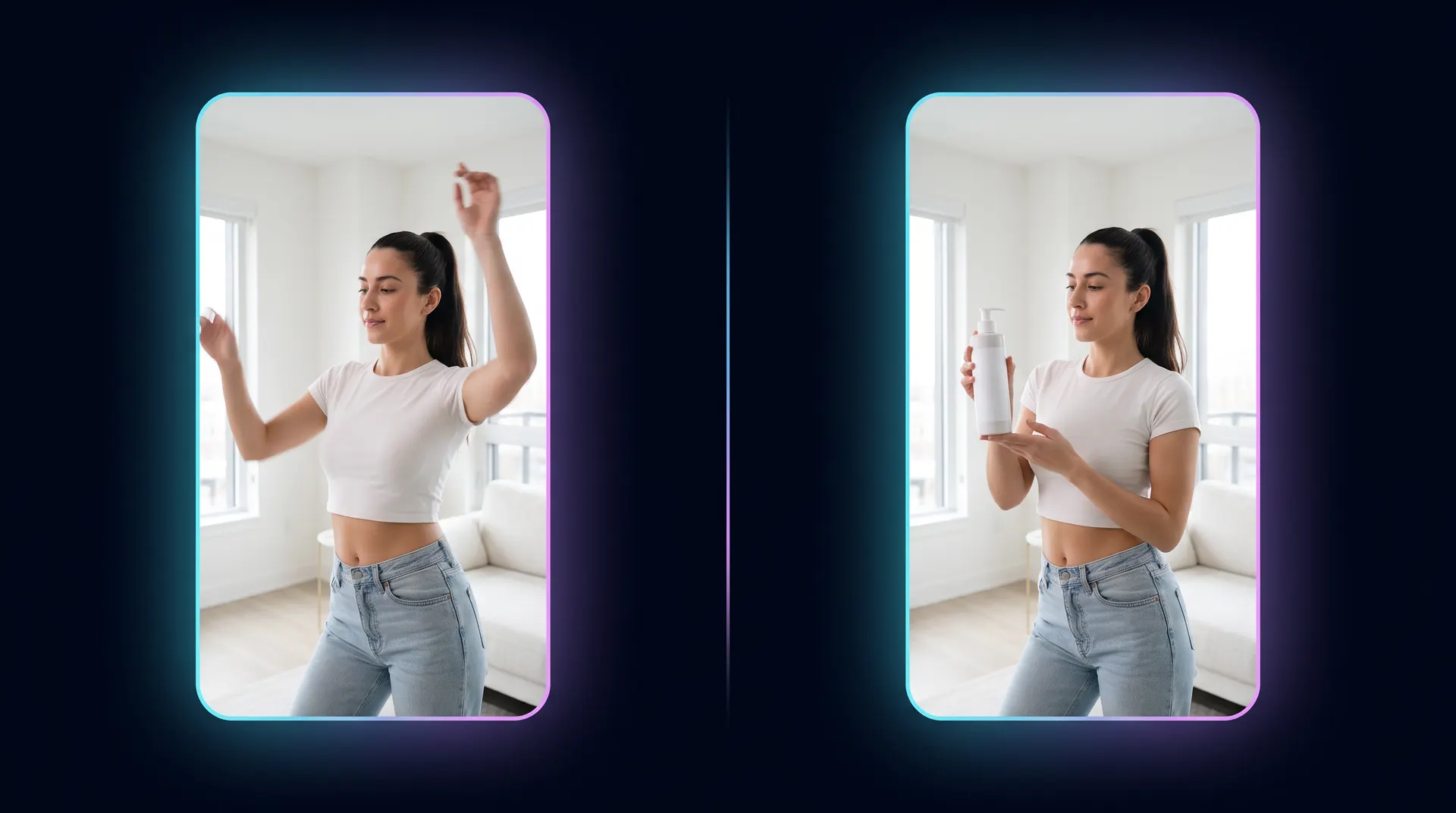 AI-generated example: a woman dancing in a sunlit apartment, and the same frame with a white skincare bottle in her hand