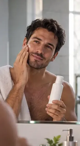AI-generated example: a man at a bathroom mirror with a hand on his cheek, holding a white bottle
