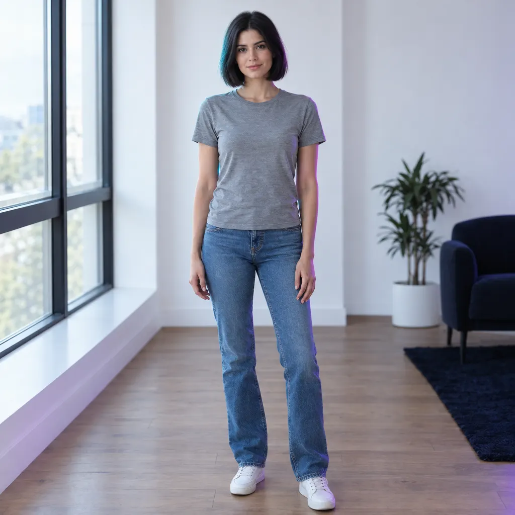 Example: a woman in a grey t-shirt and jeans standing in a bright room