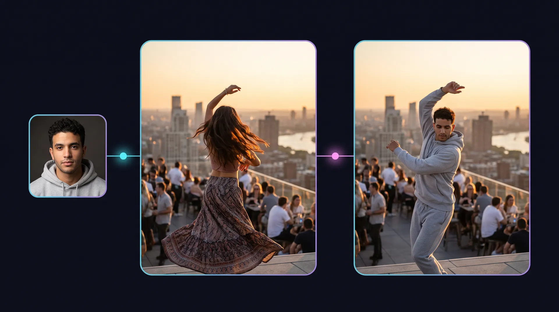 AI-generated example: a portrait of a man, a rooftop dance trend, and the same rooftop dance with the man in it