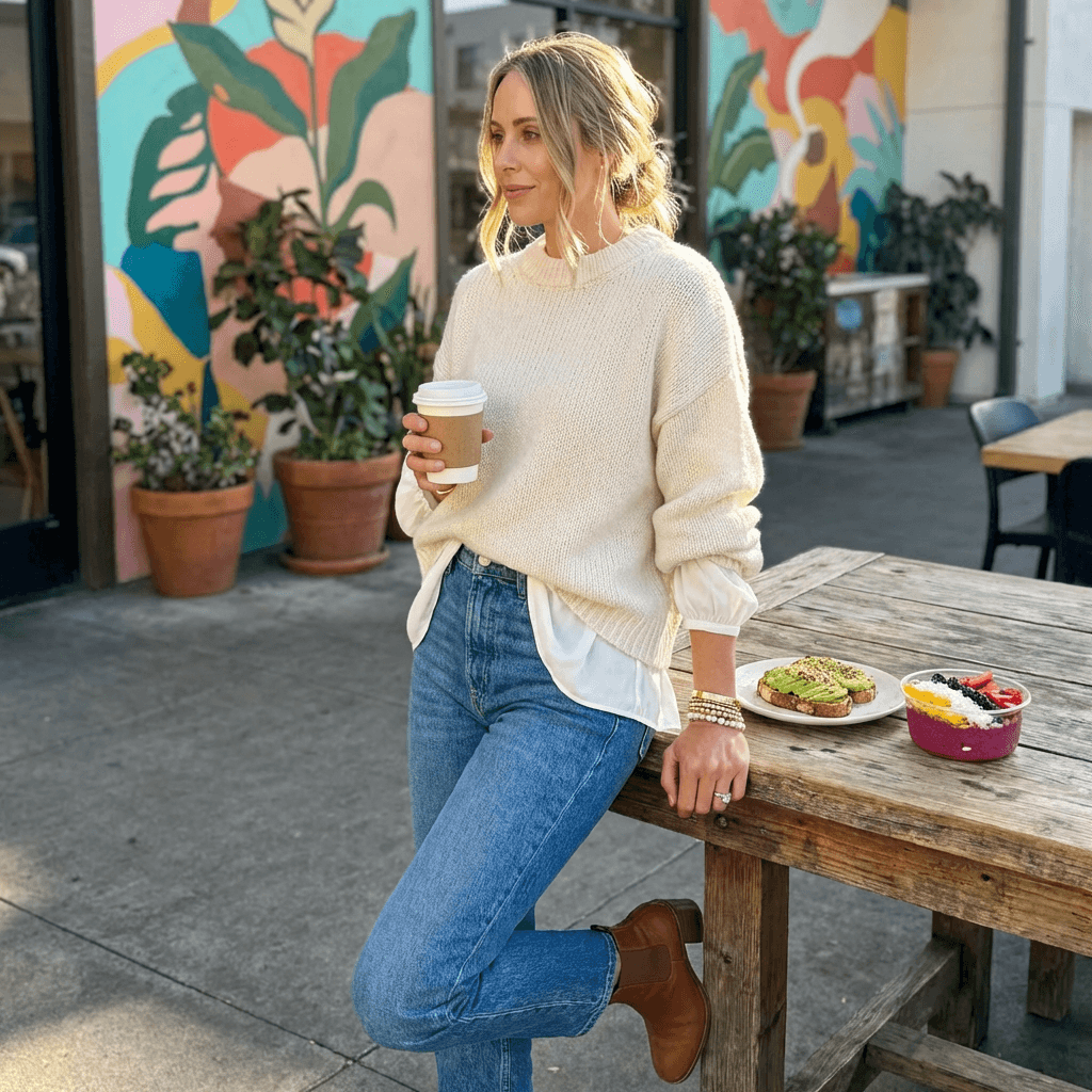 Nadia in a cream sweater with a coffee outside a café with a painted mural