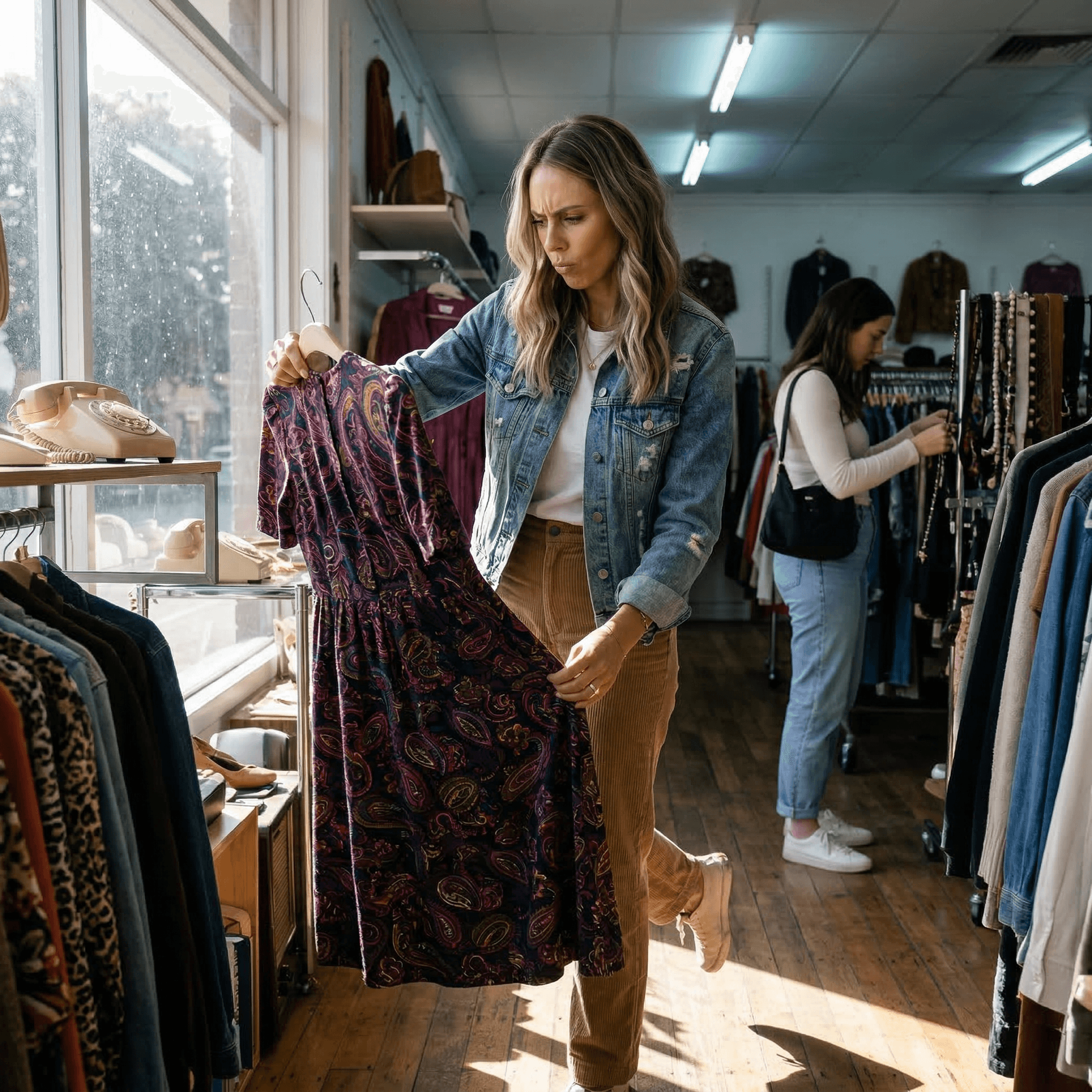 Nadia in a denim jacket holding up a paisley dress in a thrift shop