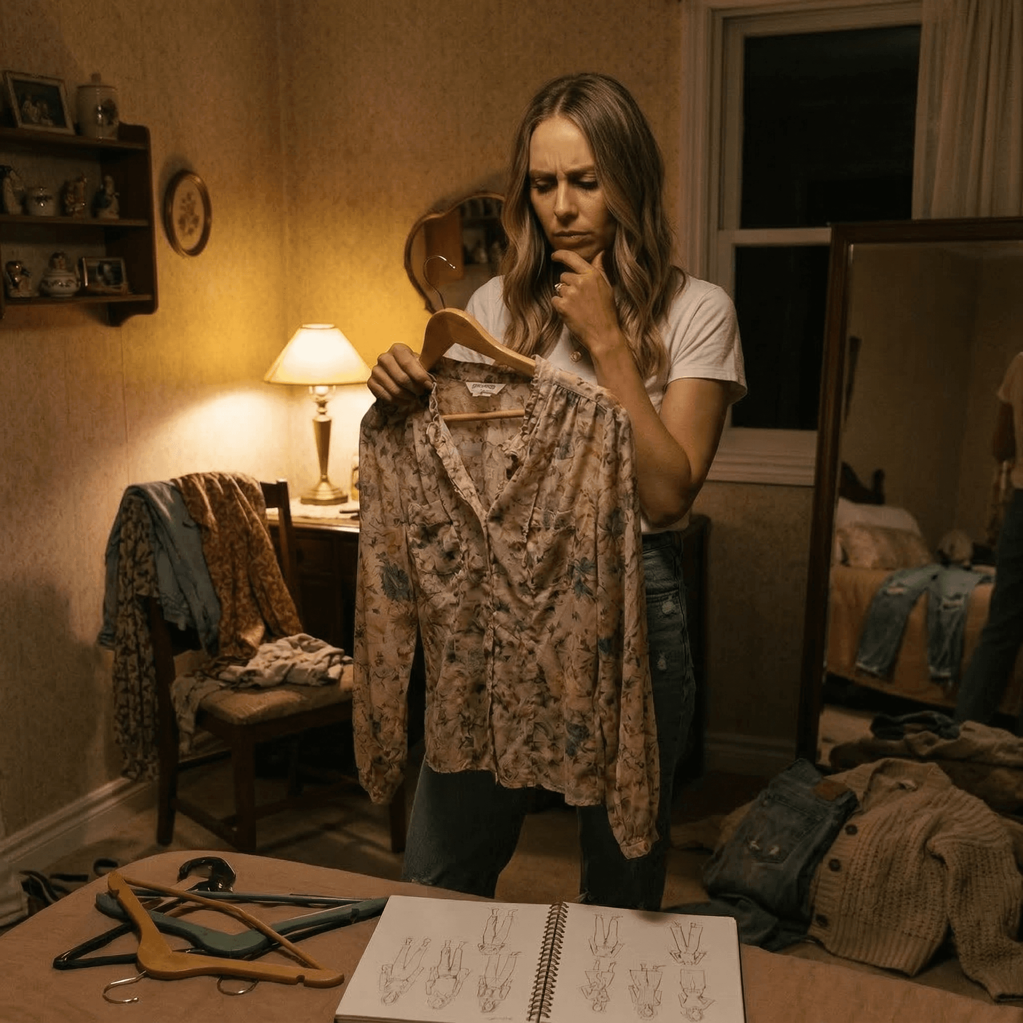 Nadia in a lamp-lit bedroom judging a floral blouse on a hanger
