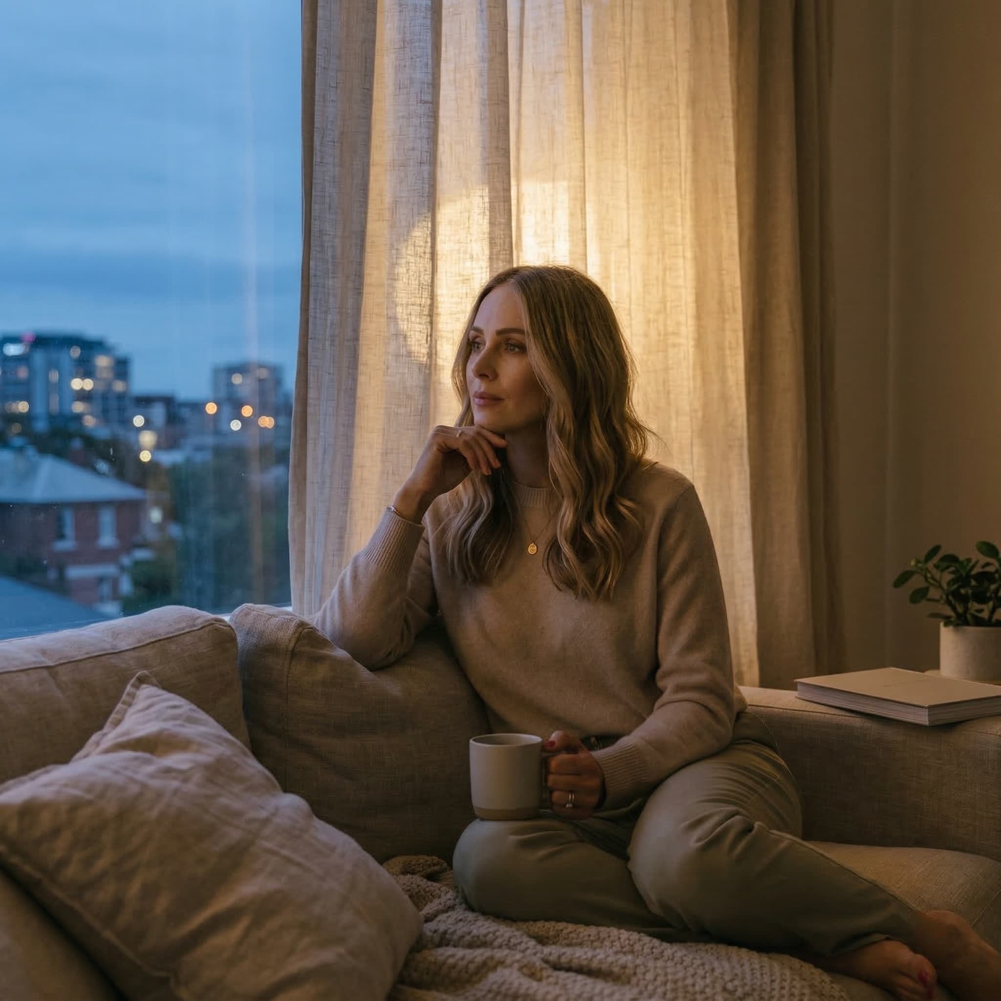 Nadia on a sofa by a window at dusk, holding a mug