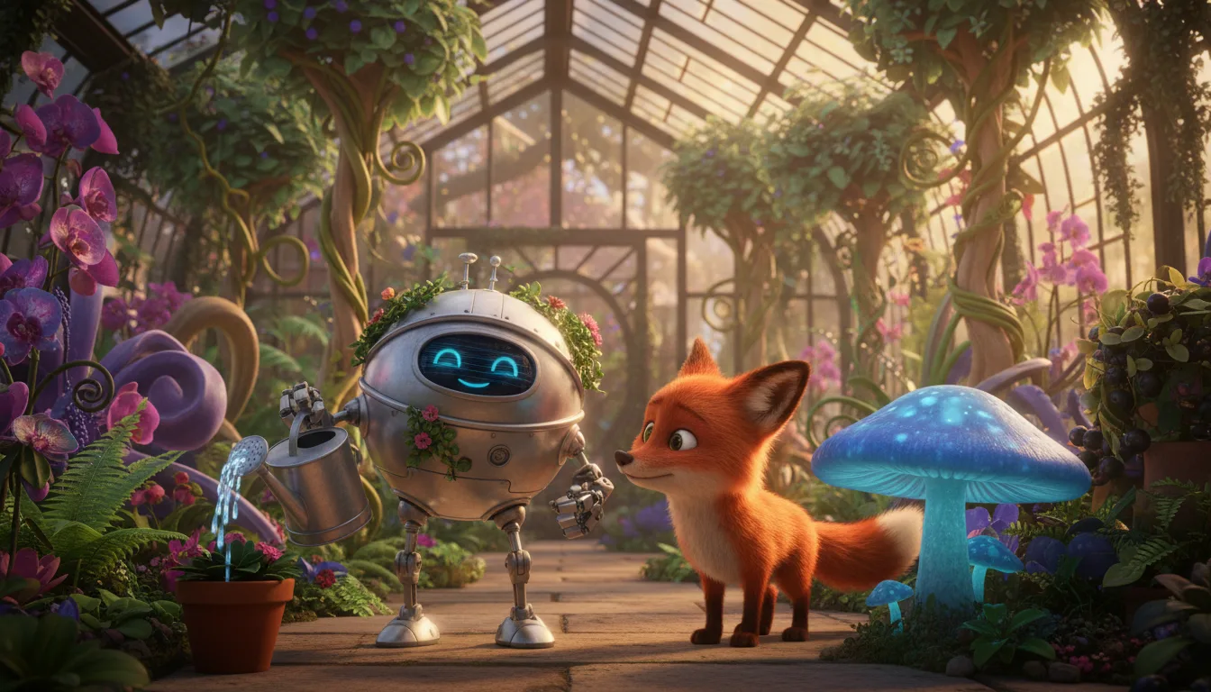 Example AI 3D animated series still: a round robot gardener waters a pot while a fox watches in a glowing greenhouse