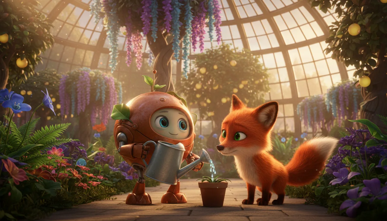 Example AI 3D animated series still: an orange robot gardener and a fox beside a watering can in a greenhouse