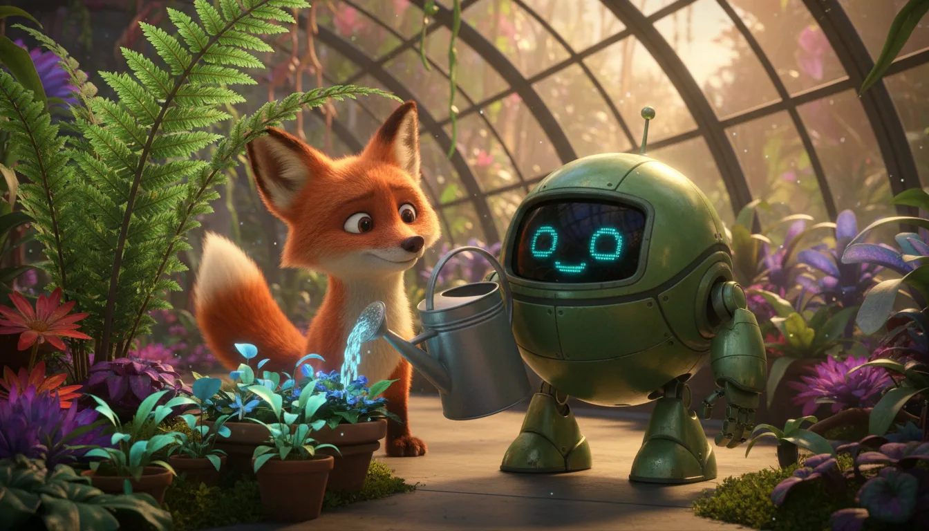 Example AI 3D animated series still: a green robot waters seedlings while a fox looks on