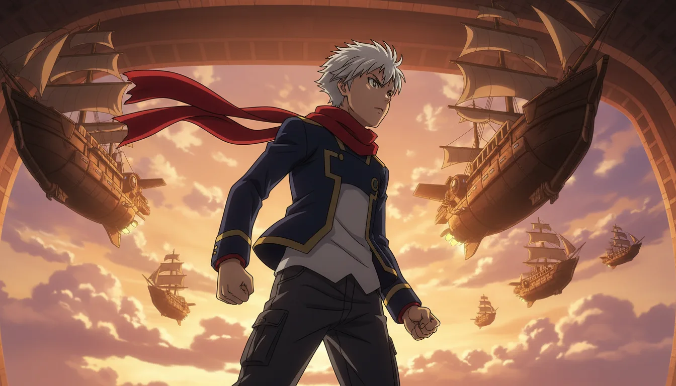 Example AI anime series still: a silver-haired pilot in a red scarf stands among sky-ships at sunset