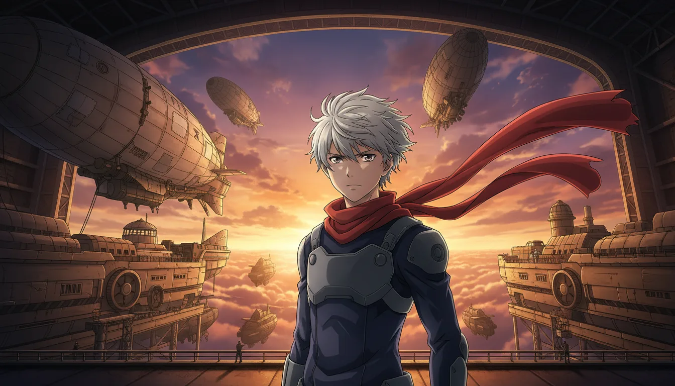 Example AI anime series still: a silver-haired pilot in armor faces the camera in an airship hangar at sunset