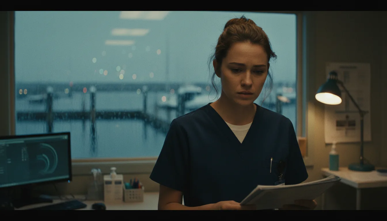 Example AI drama series still: a nurse in navy scrubs reads a letter in a night-shift office above a rainy harbor