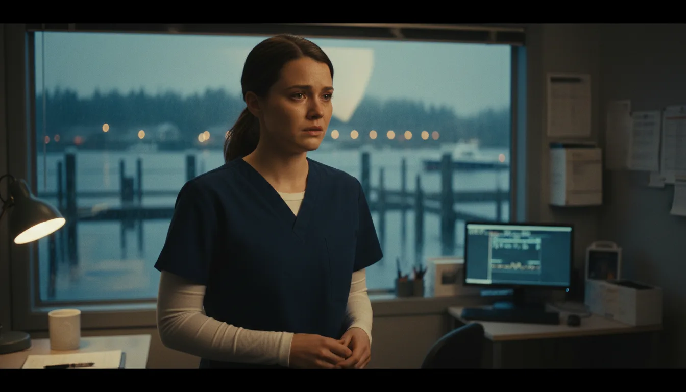Example AI drama series still: the same nurse stands worried by the office window, harbor lights behind her