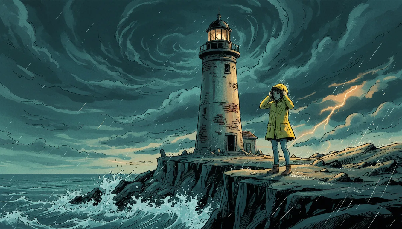 Example AI illustrated series still: a girl in a yellow raincoat on a cliff beside a lighthouse in a storm