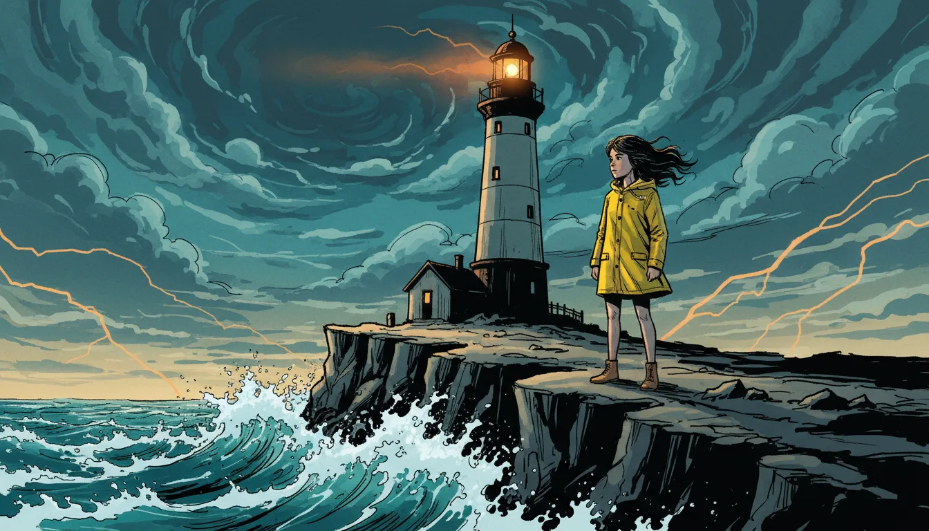 Example AI illustrated series still: a girl in a yellow raincoat looks up at a lighthouse under lightning
