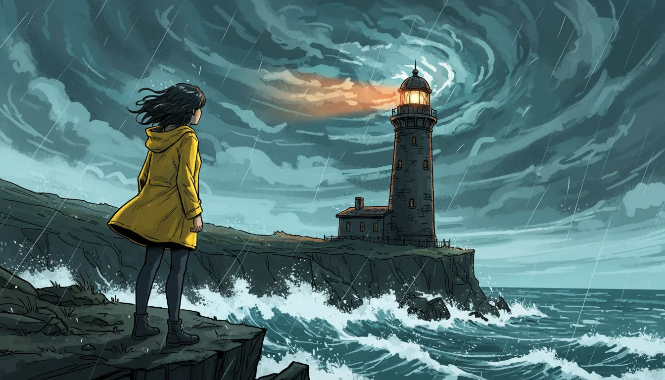 Example AI illustrated series still: a girl in a yellow raincoat watches a lighthouse across rough sea