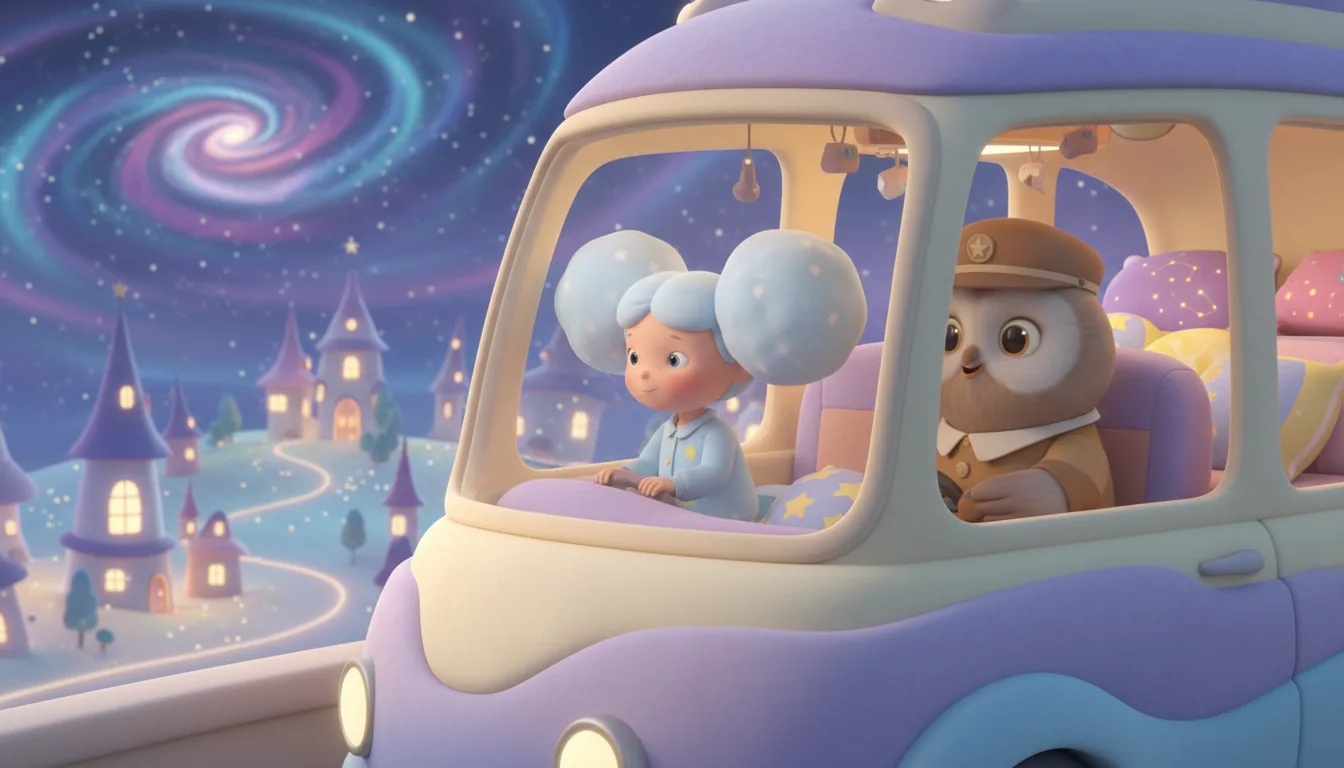 Example AI kids cartoon series still: a small girl and an owl in a cap ride a soft purple bus past a starry village