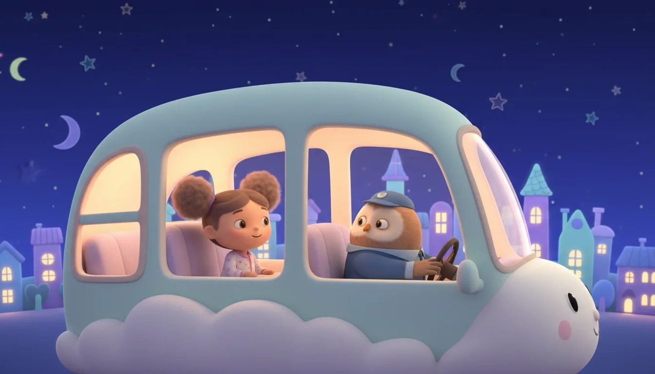 Example AI kids cartoon series still: a girl with puffy hair and an owl driver in a cloud bus at night