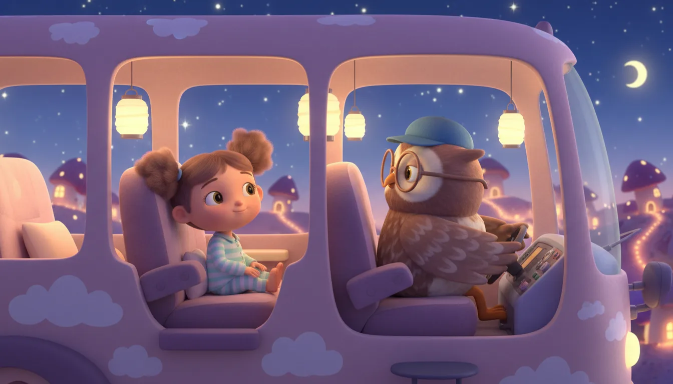 Example AI kids cartoon series still: a girl and a bespectacled owl in a lantern-lit bus under the stars